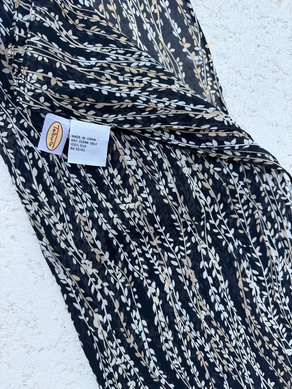 Talbots 100% Silk Black Botanical Vine Print Long Scarf 18 x 77